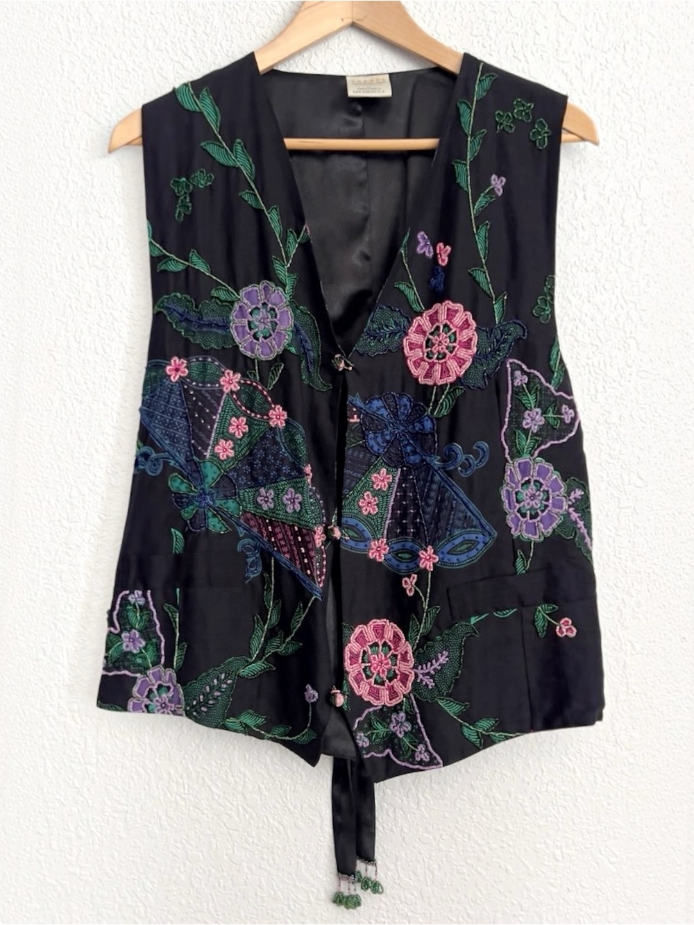 Vintage 90s Boho Embroidered Beaded Vest Black Satin Tie Back Whimsigoth M